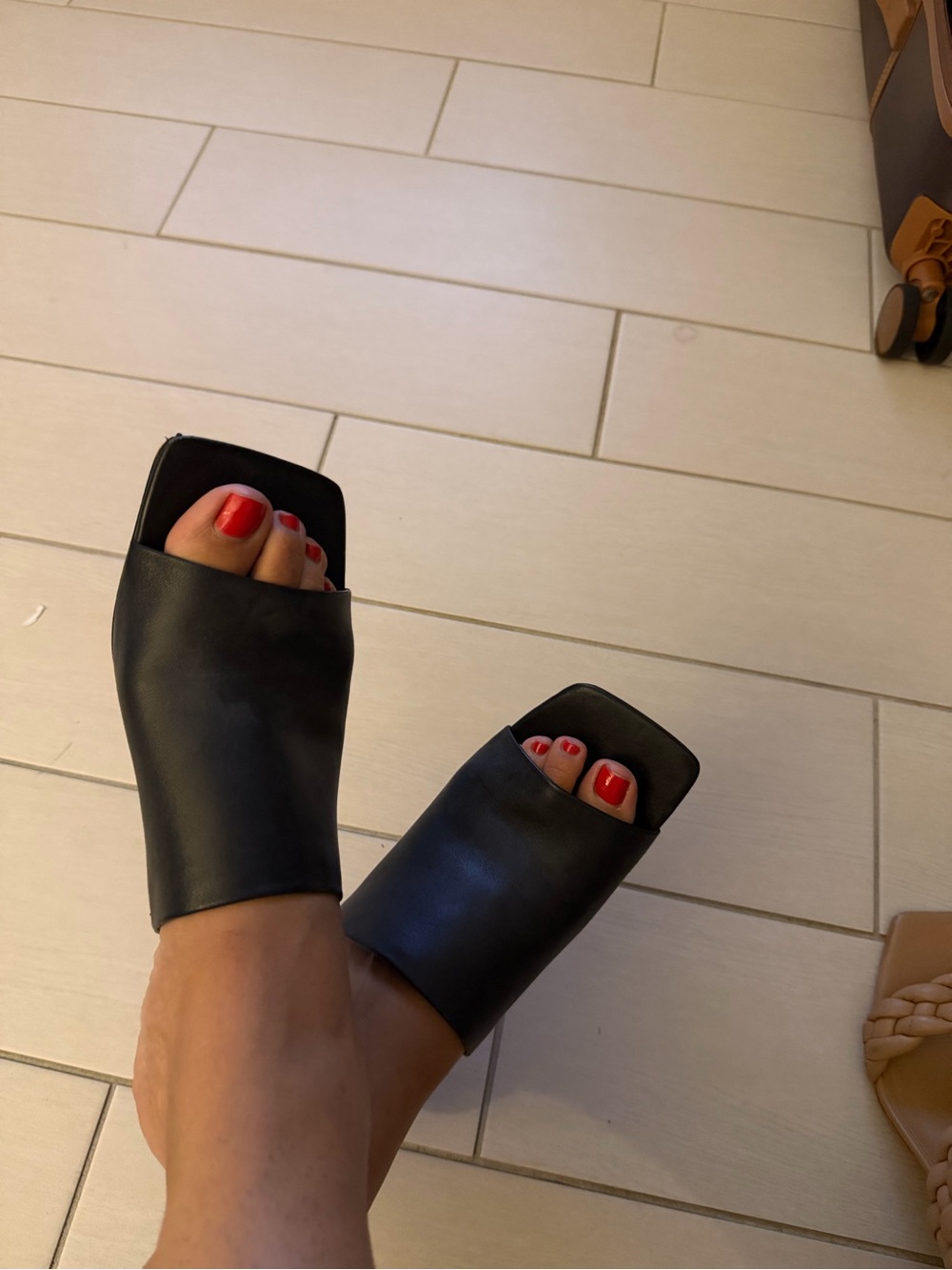 Vince Camuto Black Leather Square-Toe Slide Heels